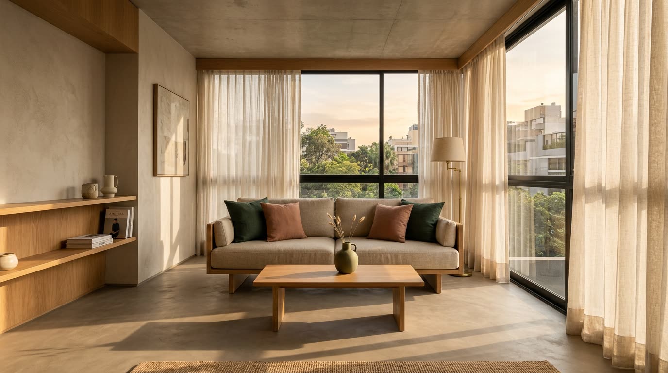 Interior del Studio San Isidro con muebles de nogal y luz natural cálida