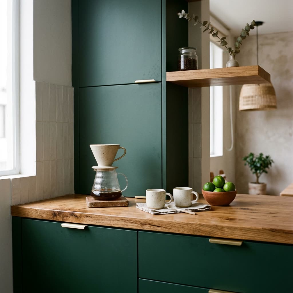 Cocina minimalista de cuarzo con cafetera espresso