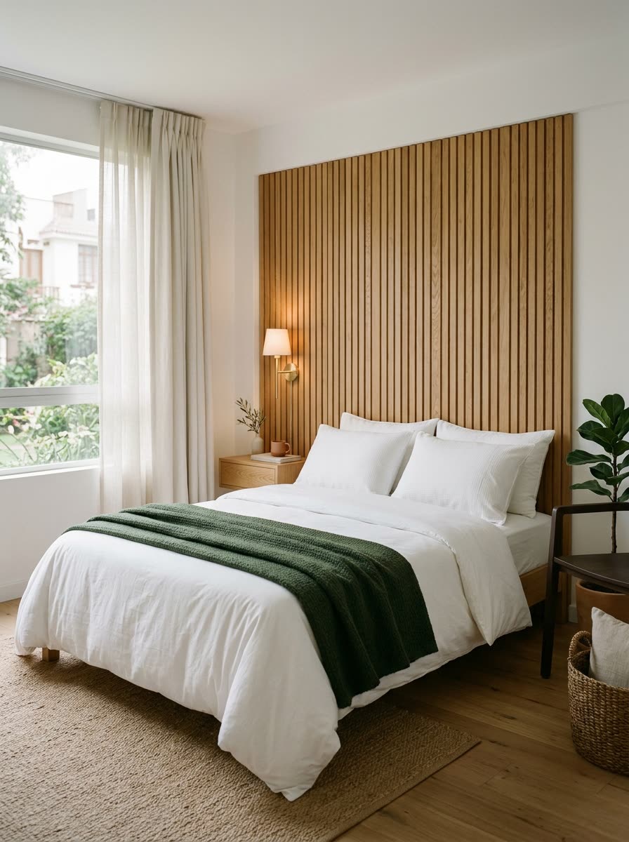 Dormitorio principal con cama Queen y luces cálidas